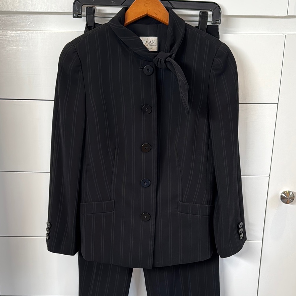 Black Pinstripe Blazer with Tie Collar ad pants